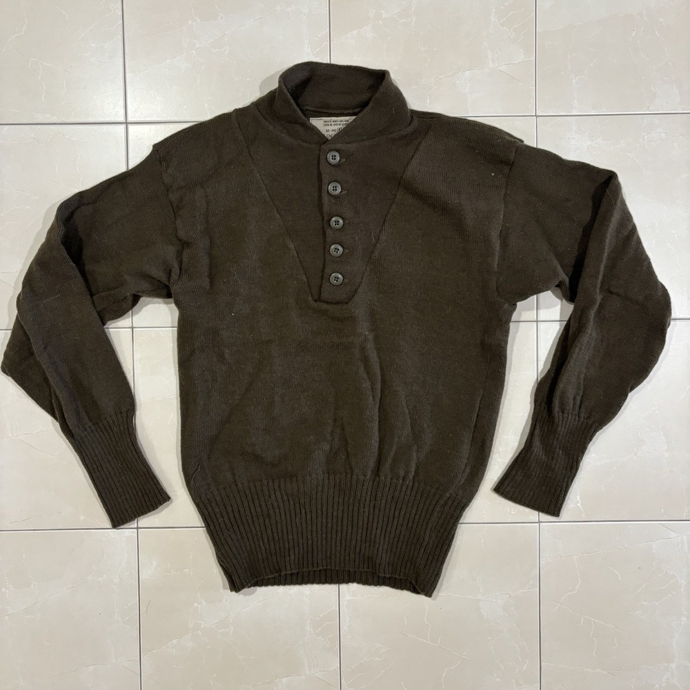 Vintage US Military Man's 100% Wool OD Sweater 5 Button Henley • Large Brown